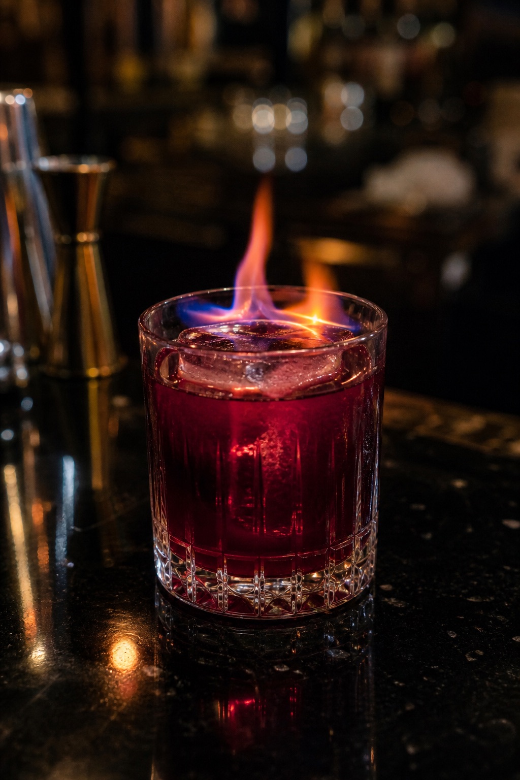 Crime of Passion flaming red cocktail on a dark bar
