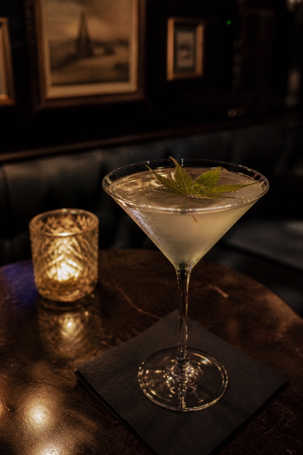 Maryjane Martini with CBD garnish in a dim lounge