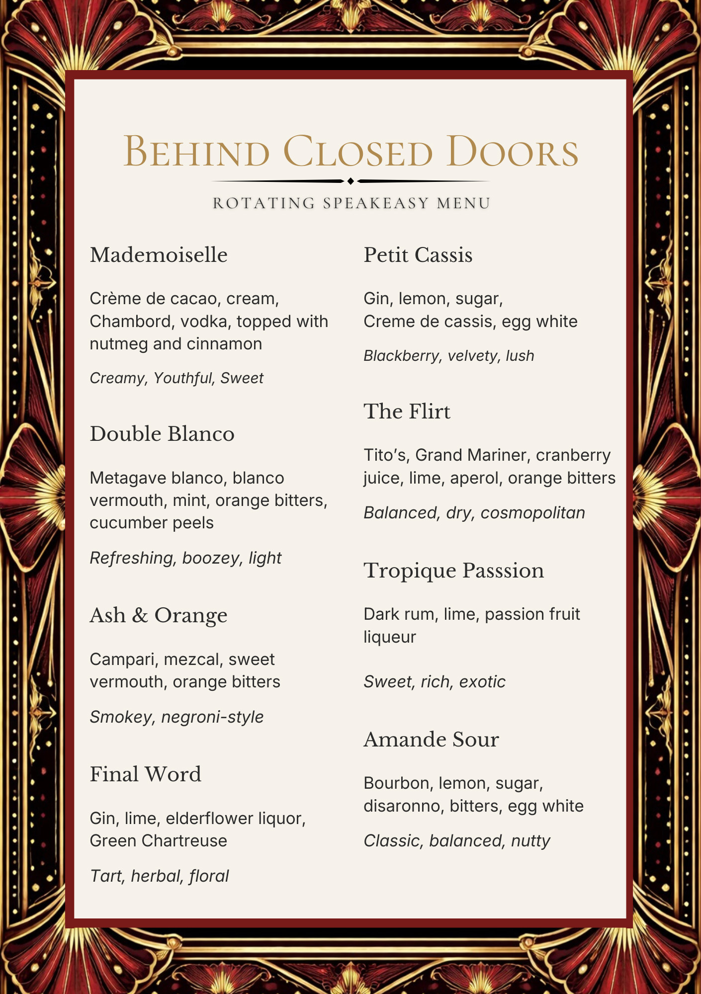 Behind Closed Doors speakeasy menu poster