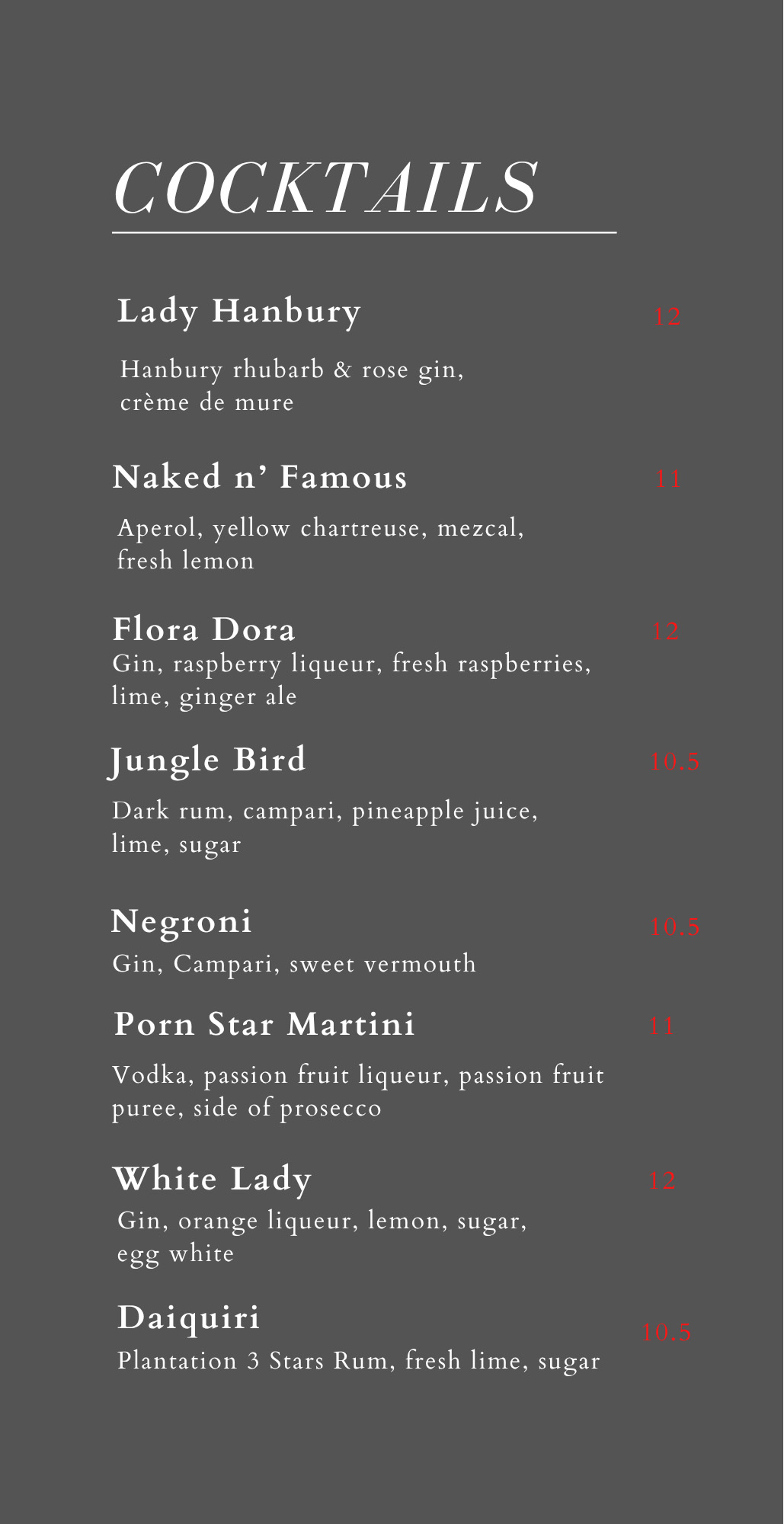 Grey cocktail list menu with red pricing accents