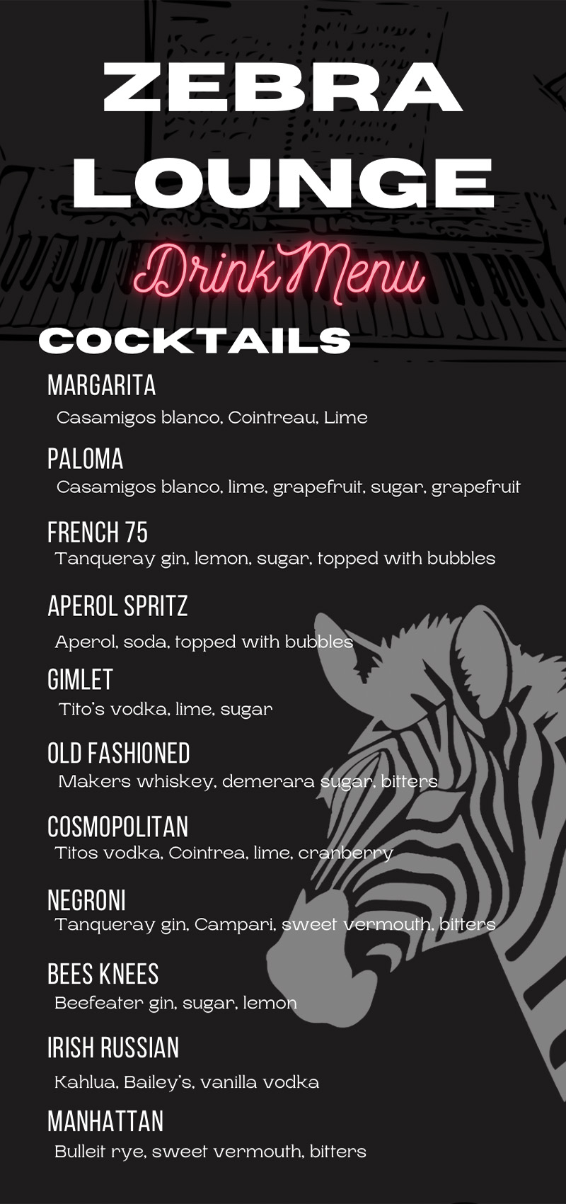 Zebra Lounge cocktail menu poster